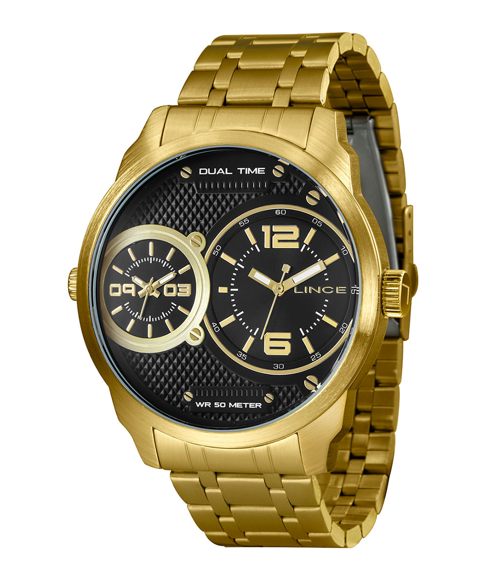 relógio masculino lince dual time mrgh162l p2kx dourado