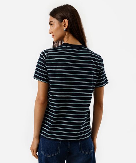 camiseta feminina com algodão listrada azul