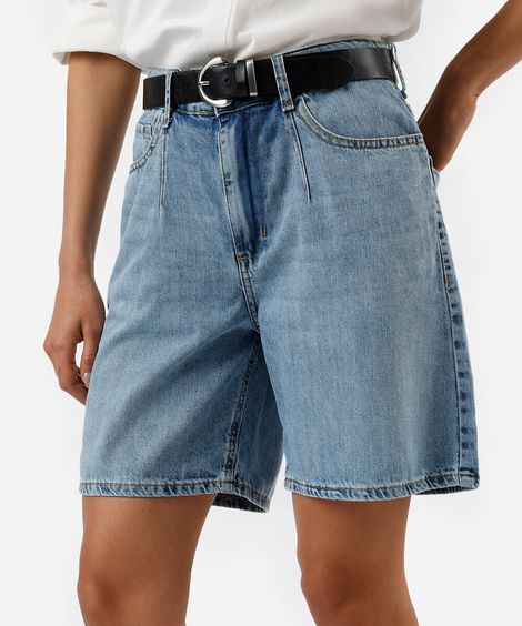 bermuda feminina jeans cintura média azul