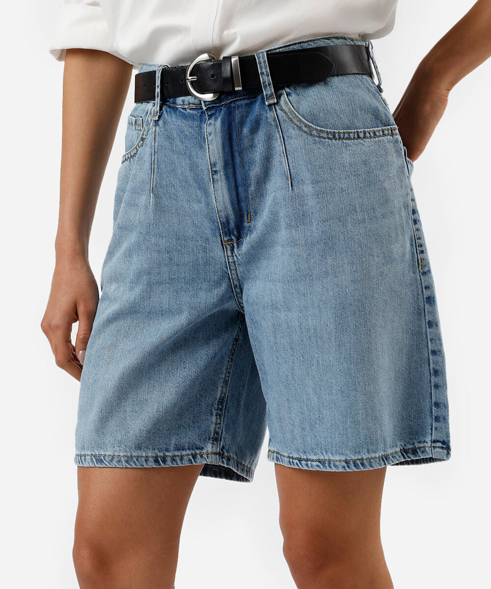 bermuda feminina jeans cintura média azul