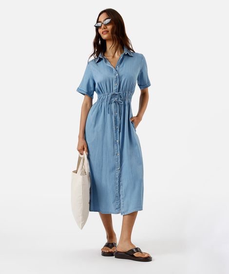 vestido feminino jeans midi manga curta azul