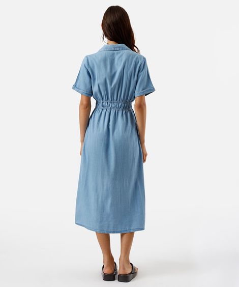 vestido feminino jeans midi manga curta azul