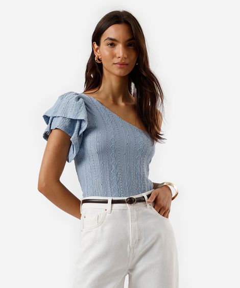 blusa ombro único feminina de laise com babados azul