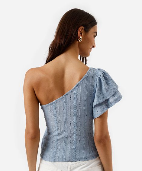 blusa ombro único feminina de laise com babados azul