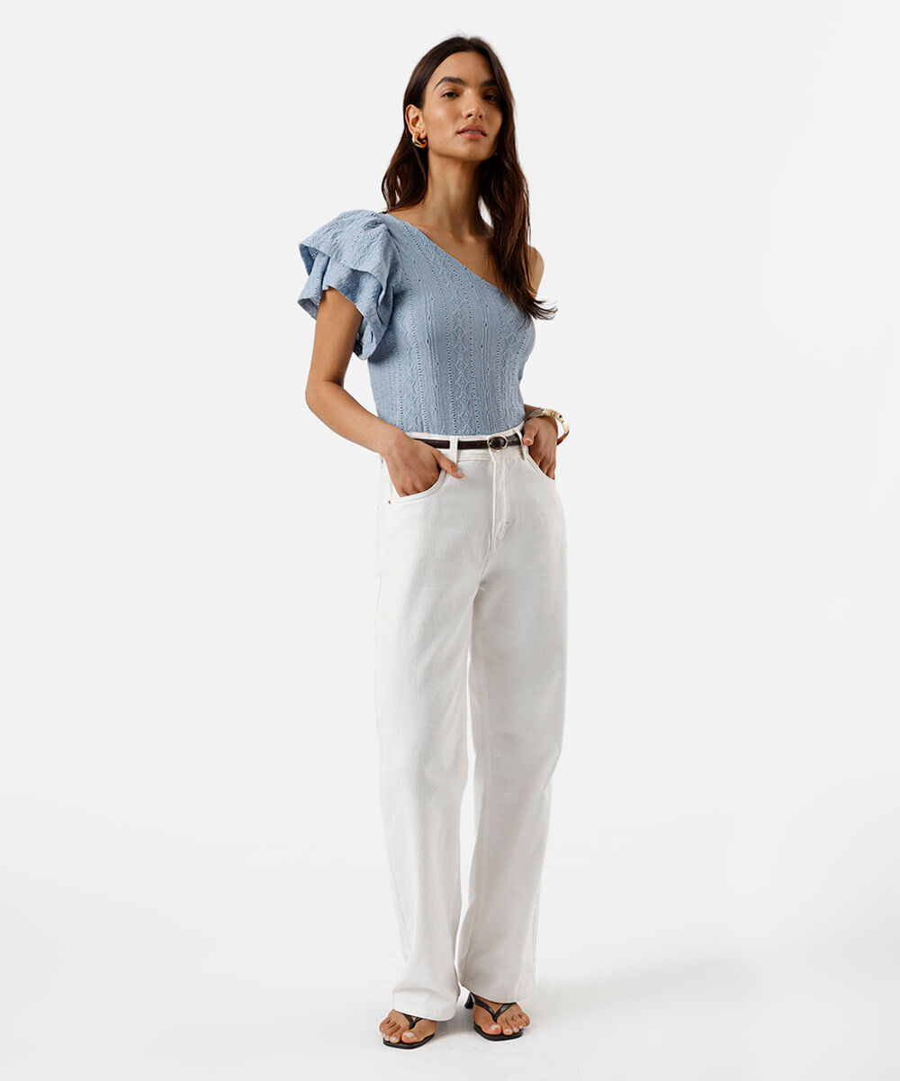 blusa ombro único feminina de laise com babados azul