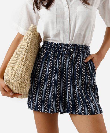short feminino de viscose cós elástico étnico azul