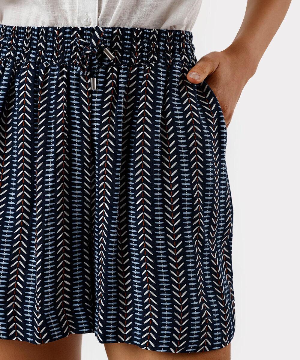 short feminino de viscose cós elástico étnico azul