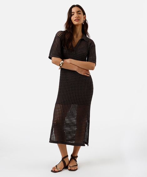 vestido midi feminino de tricot gola polo marrom