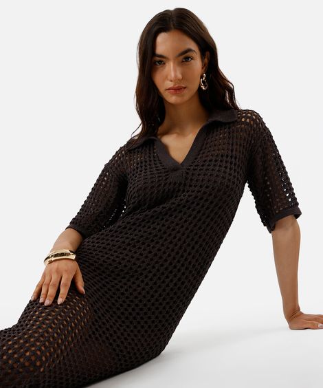 vestido midi feminino de tricot gola polo marrom