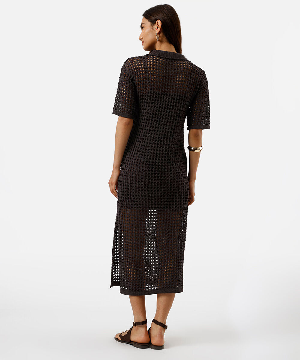 vestido midi feminino de tricot gola polo marrom