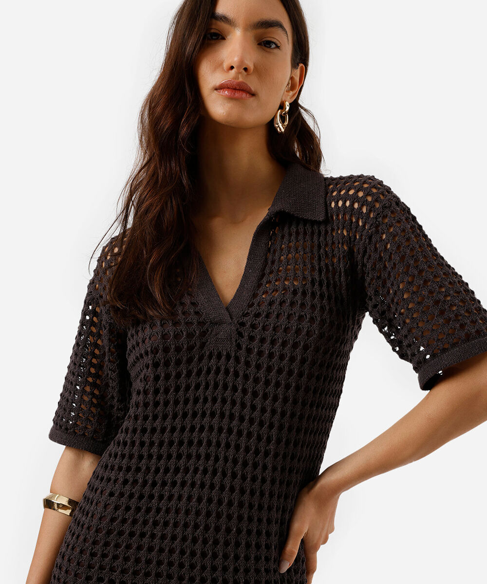vestido midi feminino de tricot gola polo marrom