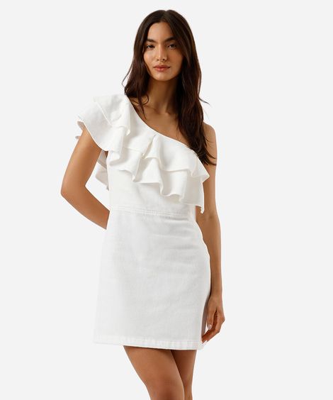 vestido curto ombro único feminino de sarja com babados off white