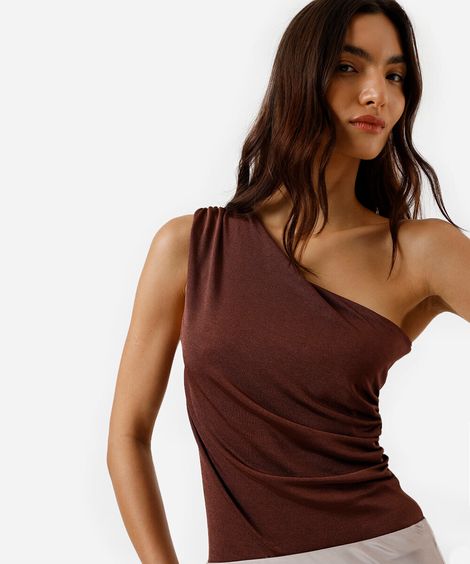 blusa ombro único feminina franzida acetinada marrom