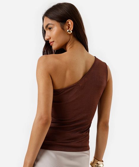 blusa ombro único feminina franzida acetinada marrom