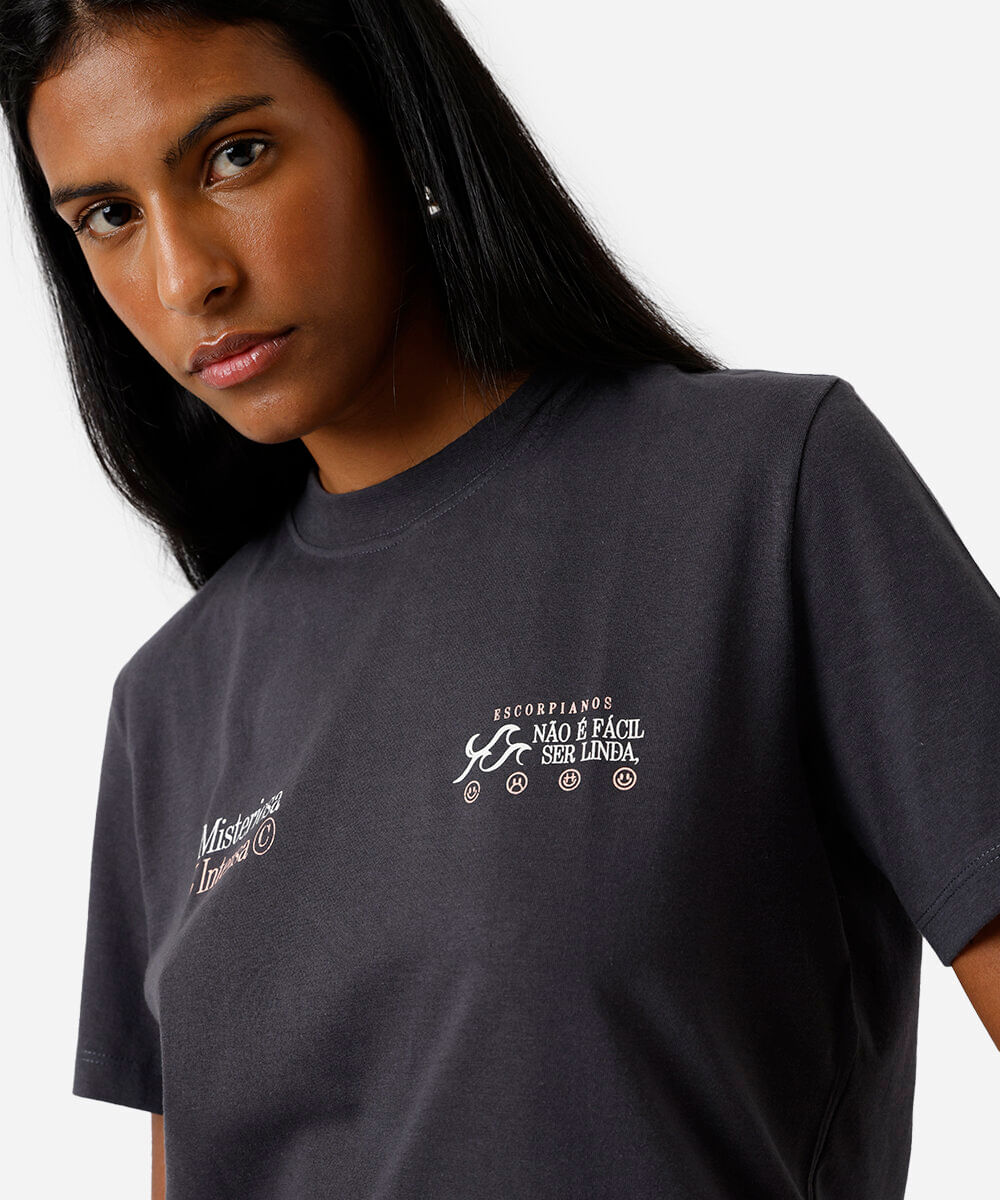 camiseta feminina de algodão signo escorpião márcia sensitiva cinza