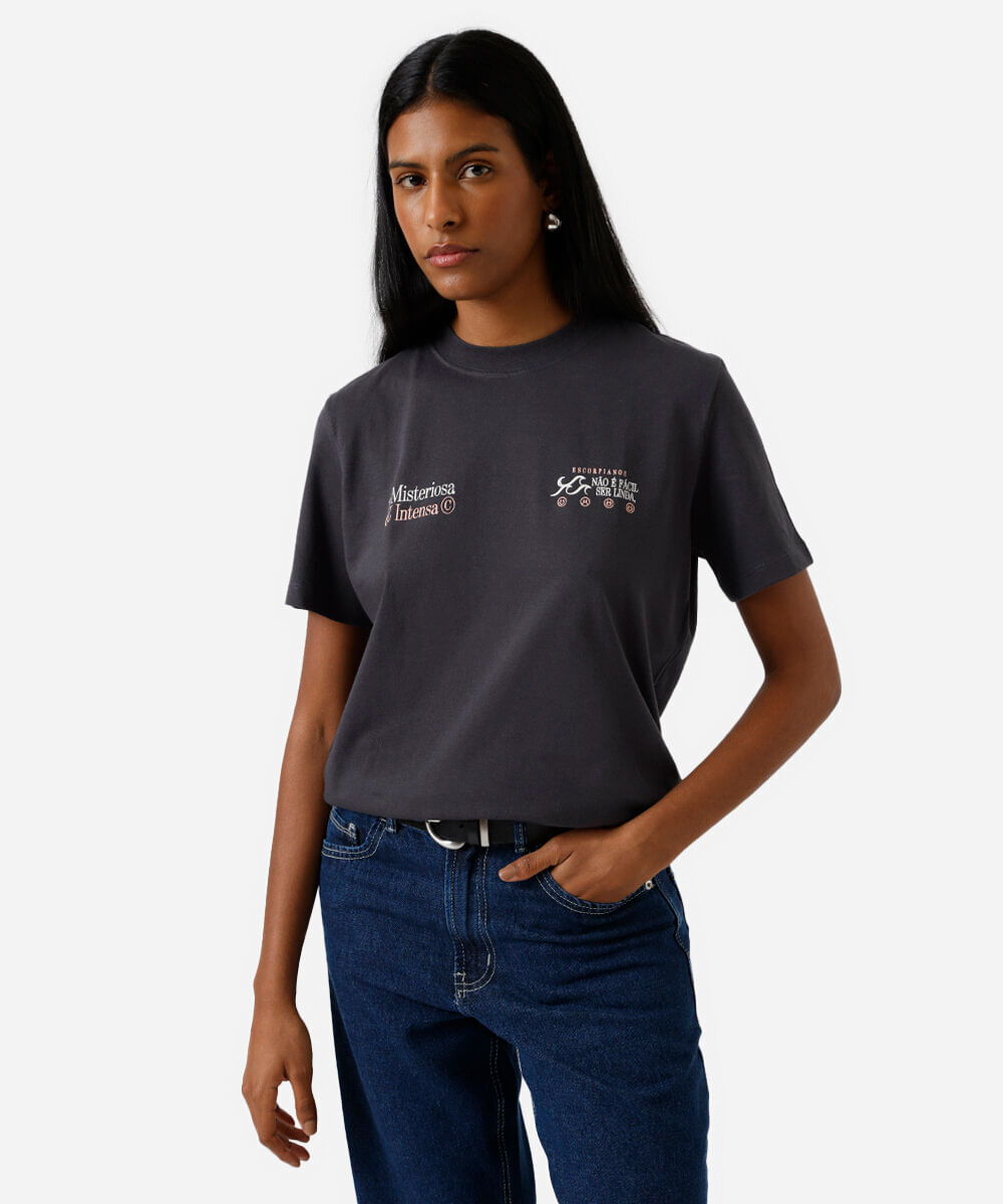 camiseta feminina de algodão signo escorpião márcia sensitiva cinza