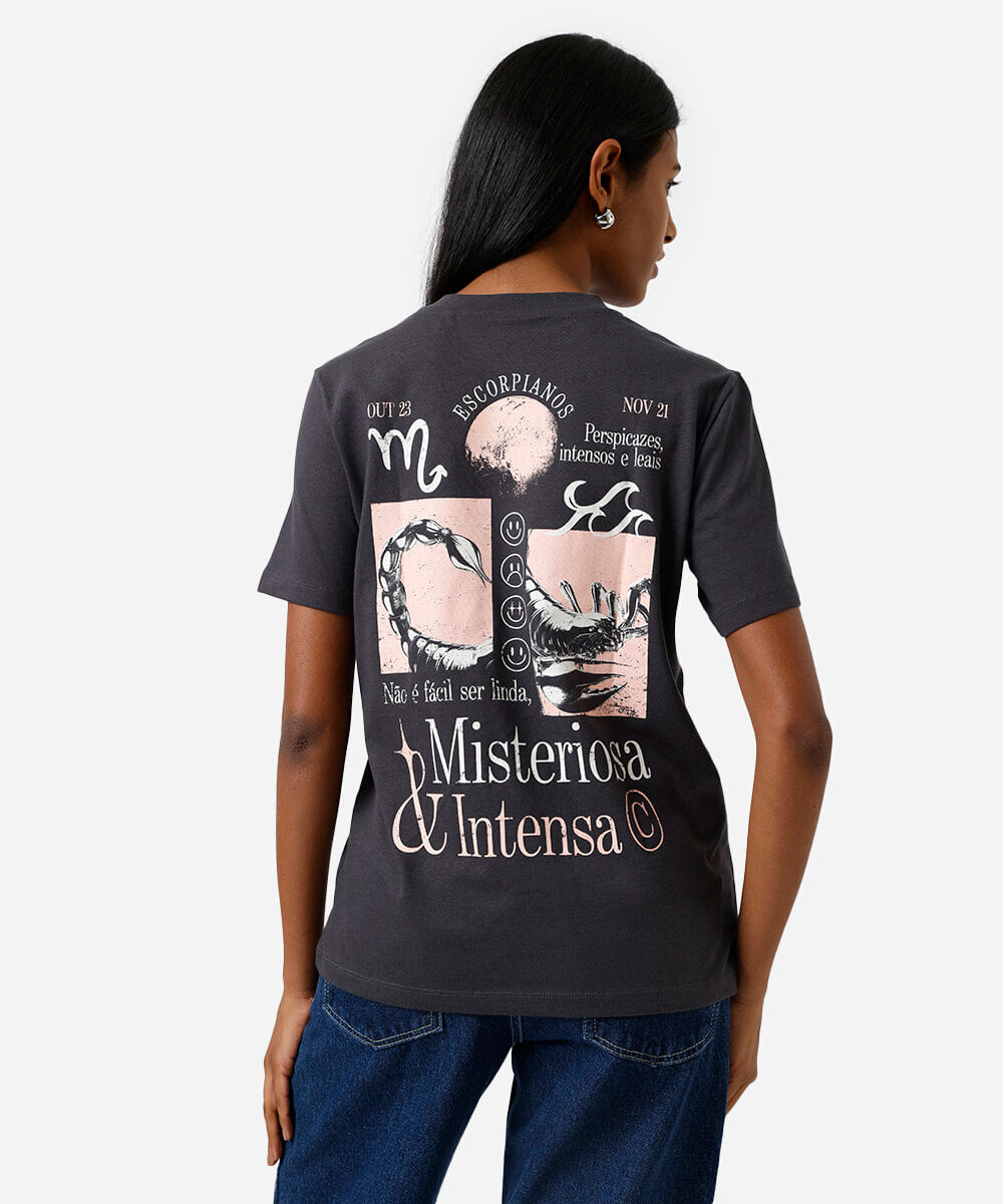 camiseta feminina de algodão signo escorpião márcia sensitiva cinza