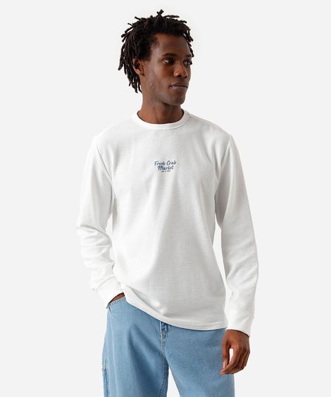 camiseta masculina mangas longas texturizada off white