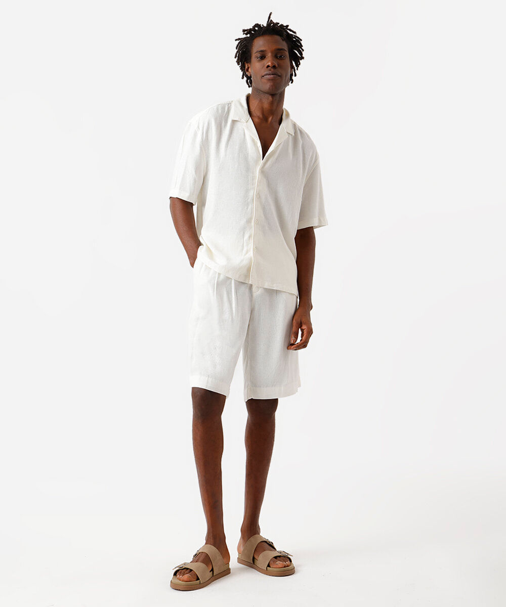 camisa box fit masculina com linho manga curta off white