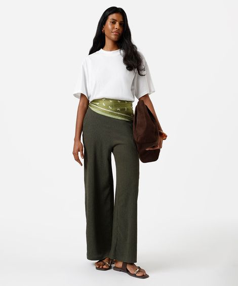 calça reta básica feminina cós elástico texturizada verde