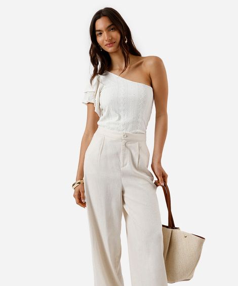 blusa ombro único feminina de laise com babados off white