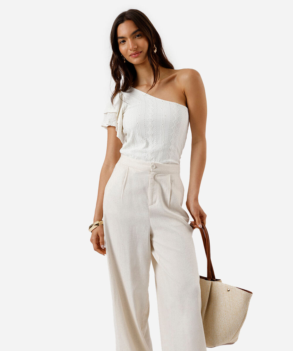 blusa ombro único feminina de laise com babados off white