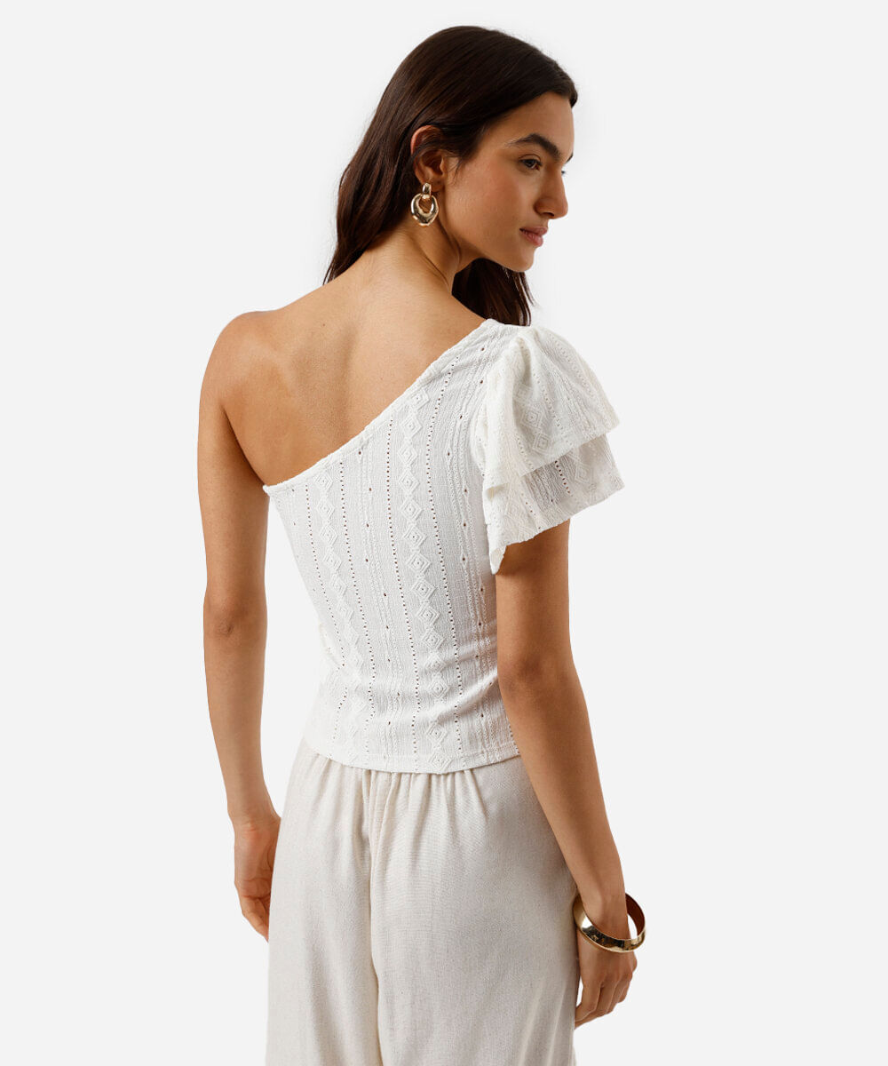 blusa ombro único feminina de laise com babados off white