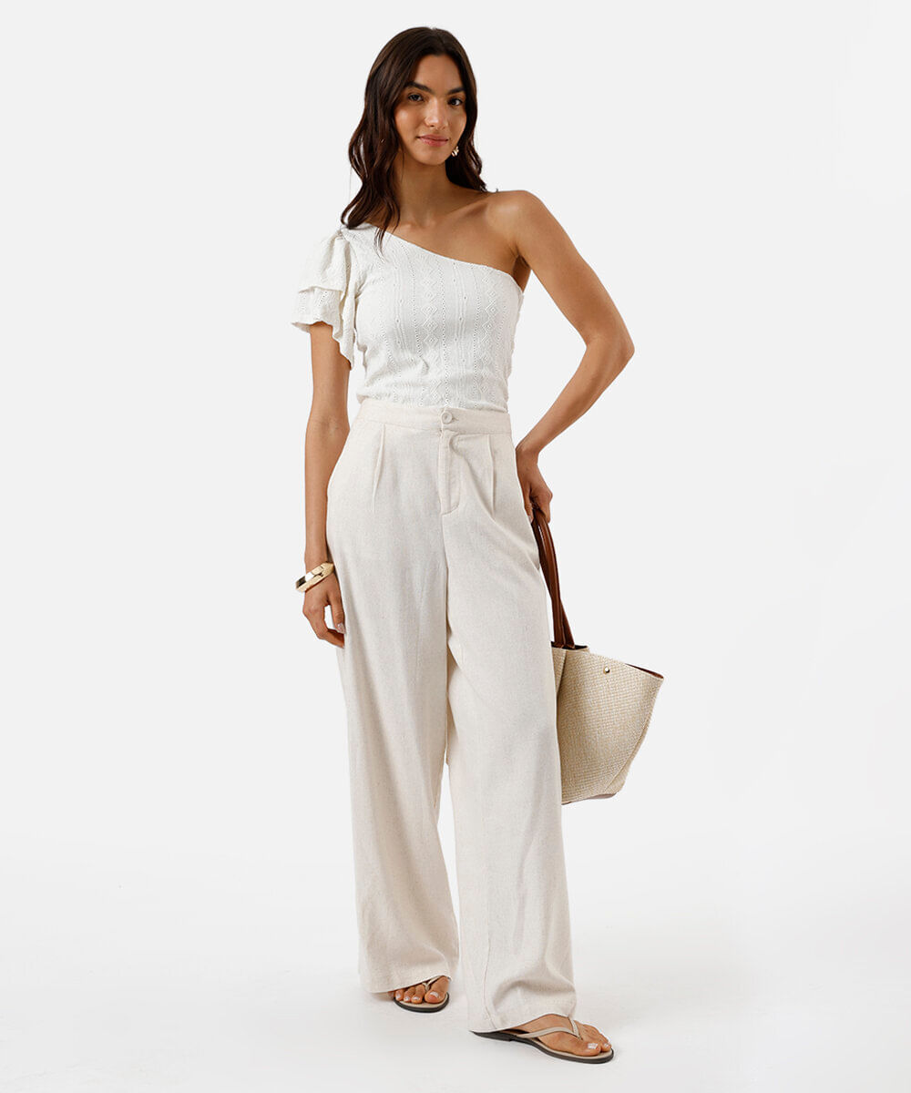 blusa ombro único feminina de laise com babados off white