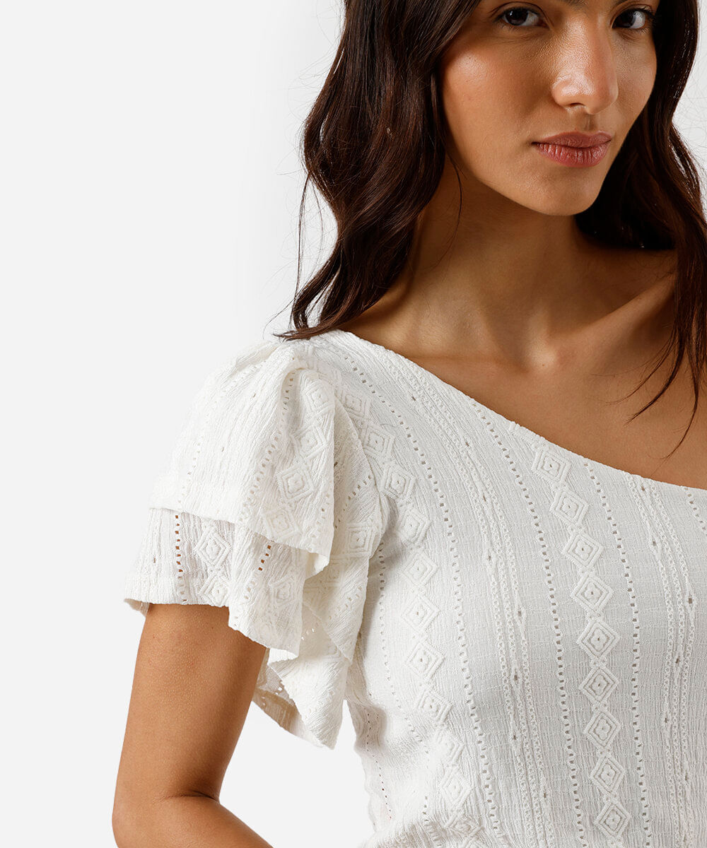 blusa ombro único feminina de laise com babados off white