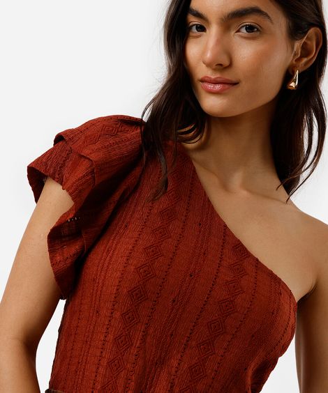 blusa ombro único feminina de laise com babados marrom