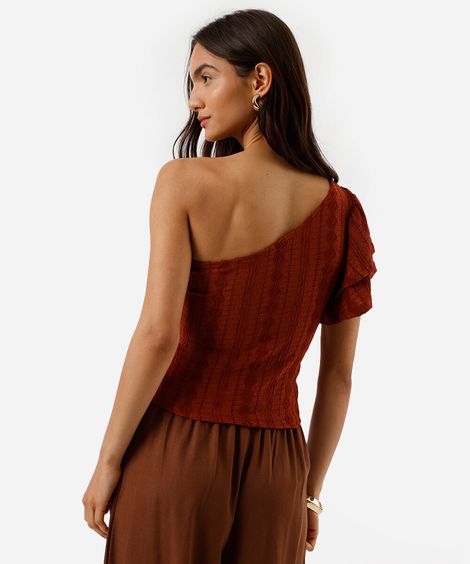 blusa ombro único feminina de laise com babados marrom