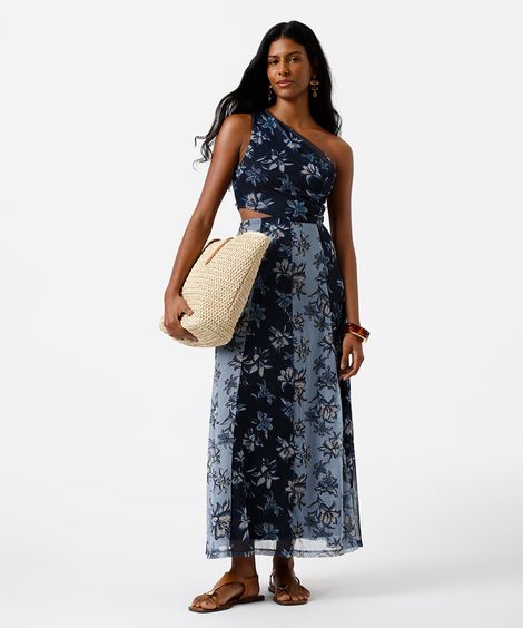 vestido midi ombro único feminino de tule com recorte floral azul