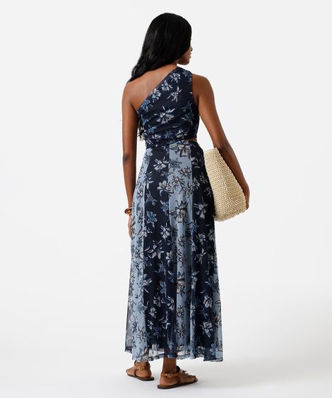 vestido midi ombro único feminino de tule com recorte floral azul