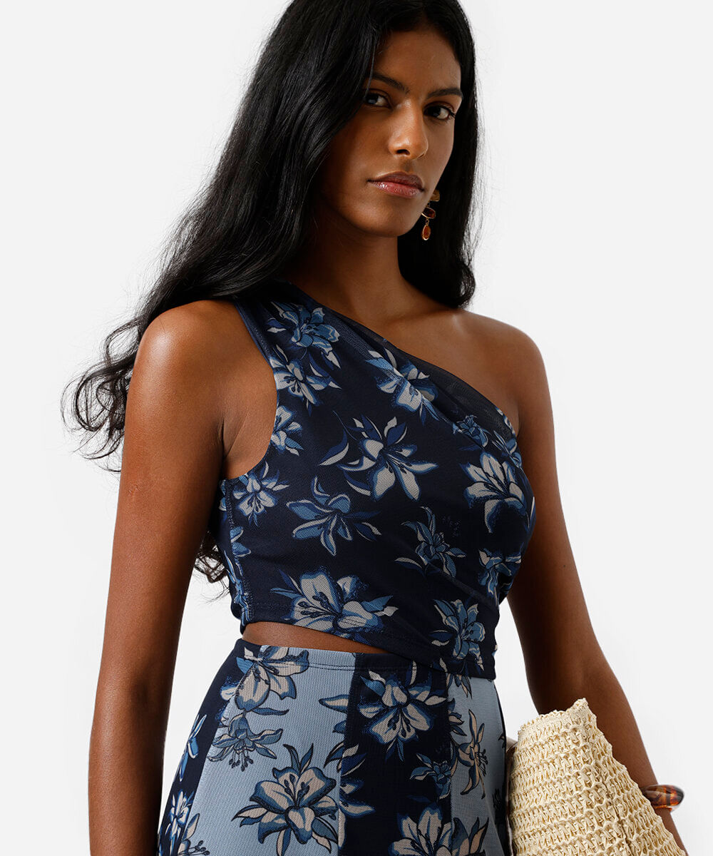 vestido midi ombro único feminino de tule com recorte floral azul