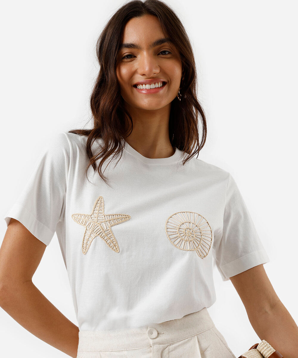 camiseta feminina de algodão bordada off white