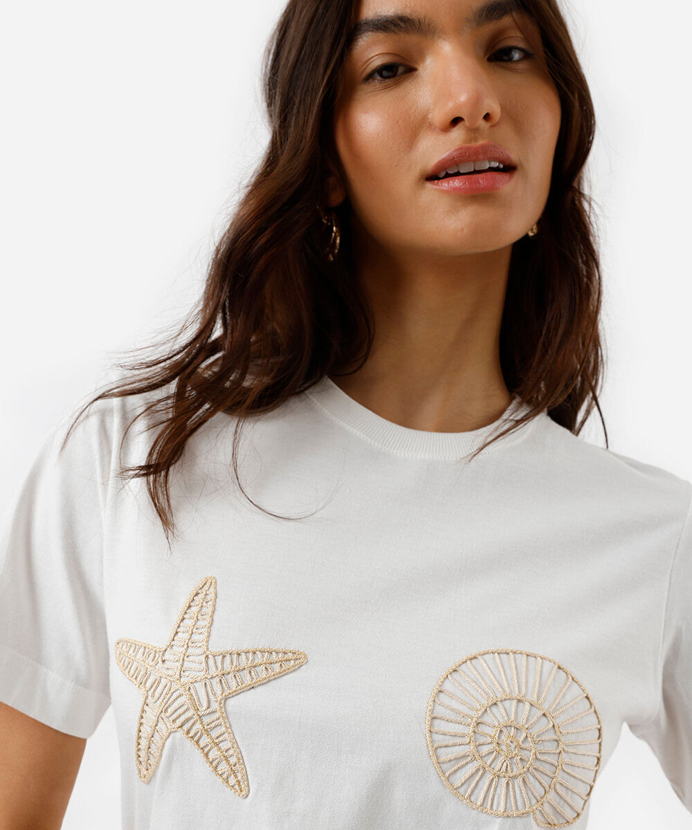 camiseta feminina de algodão bordada off white