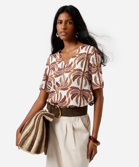 blusa feminina de viscose folhagens colorida