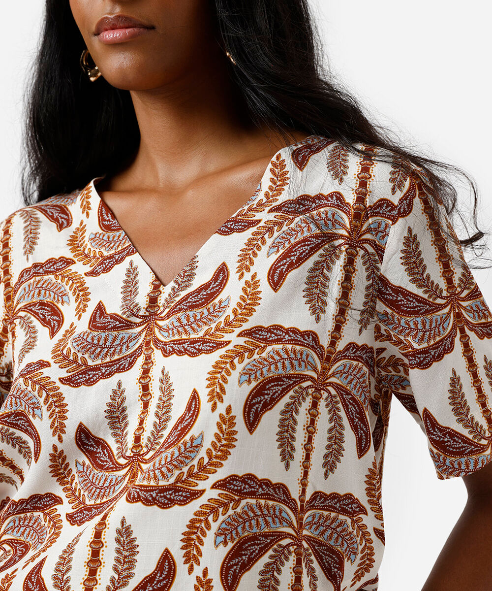 blusa feminina de viscose folhagens colorida