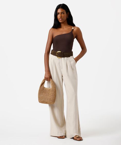 body ombro único feminino de poliamida marrom