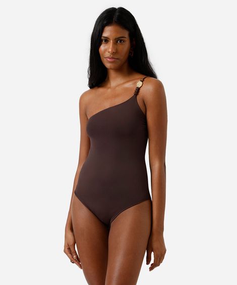body ombro único feminino de poliamida marrom