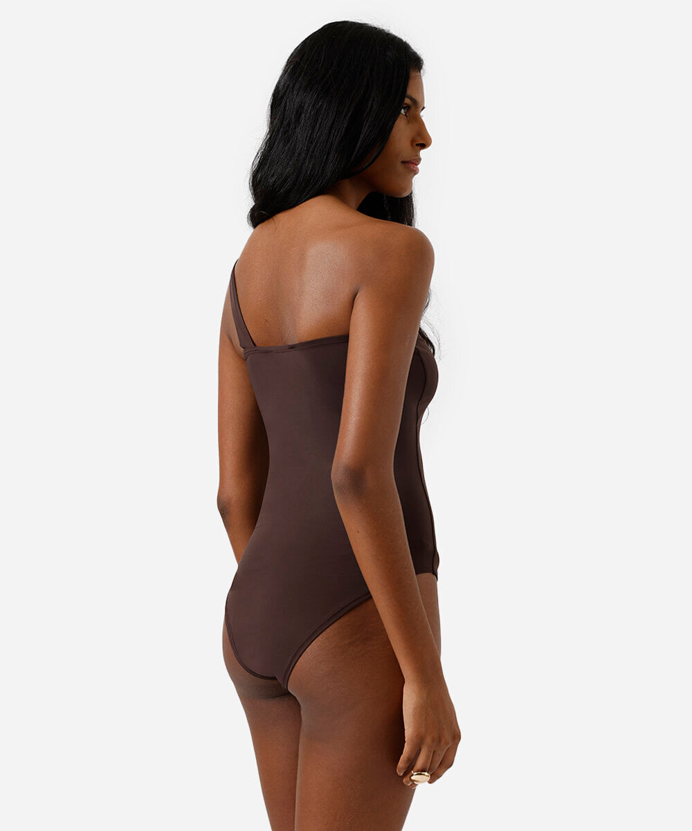 body ombro único feminino de poliamida marrom