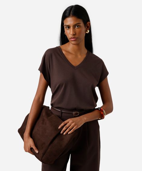 camiseta feminina de algodão peruano decote v marrom