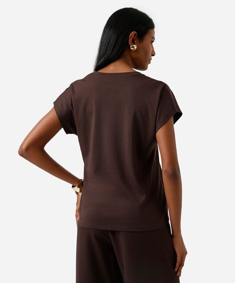 camiseta feminina de algodão peruano decote v marrom