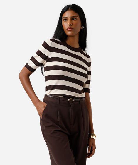 blusa feminina de tricot listrada marrom