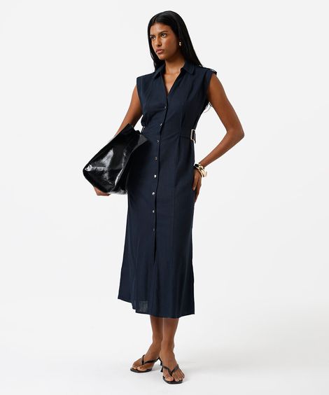 vestido midi chemise feminino com linho azul