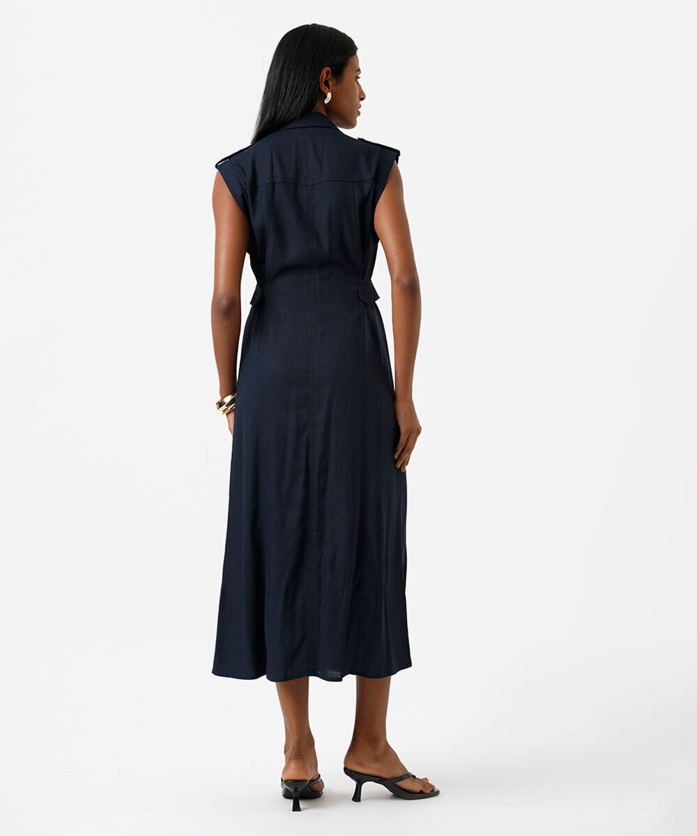 vestido midi chemise feminino com linho azul