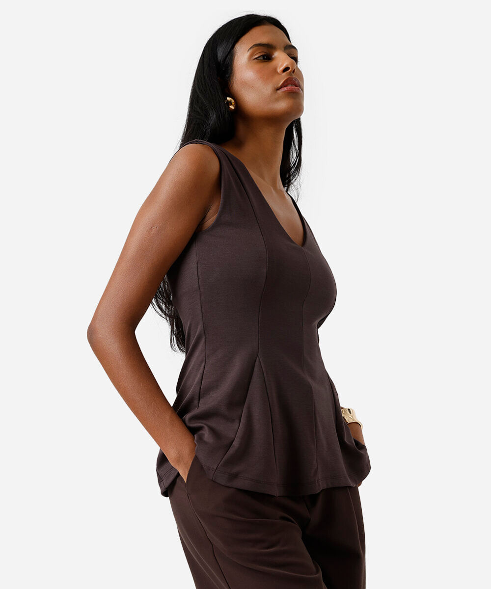regata peplum feminina com viscose decote v marrom