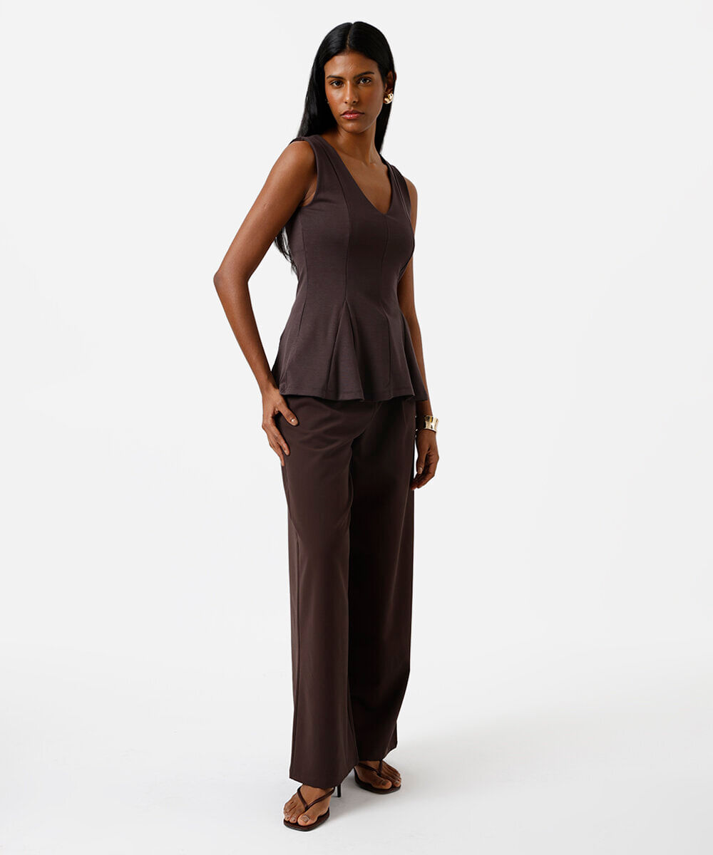 regata peplum feminina com viscose decote v marrom