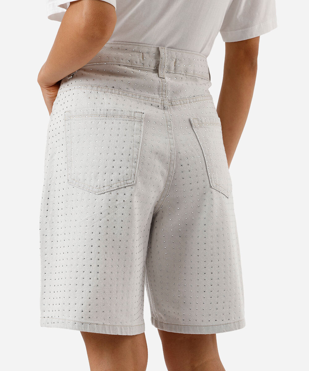 bermuda feminina de jeans com brilhos cinza