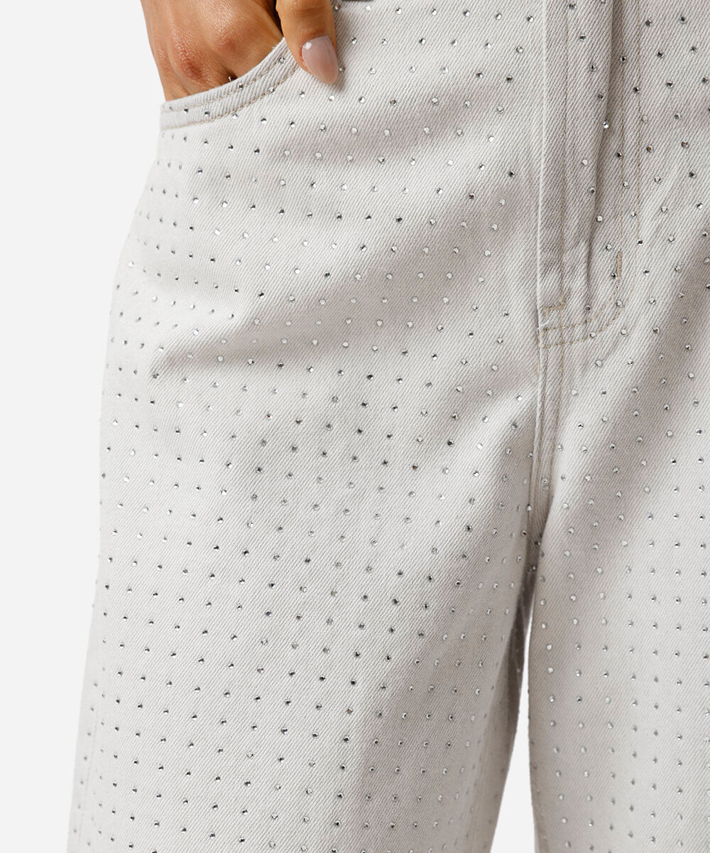 bermuda feminina de jeans com brilhos cinza
